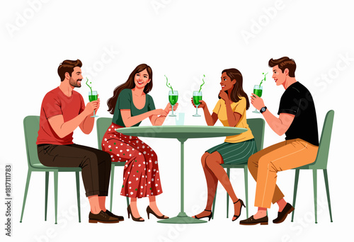 Group of Friends Enjoying Refreshing Green Beverages Together at a Modern Cafe with Relaxed Seating and Casual Conversations