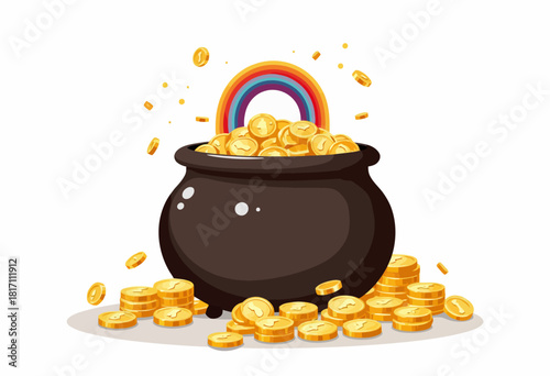 Illustration of a black pot filled with golden coins and a rainbow arching above, symbolizing prosperity and good fortune on a white background
