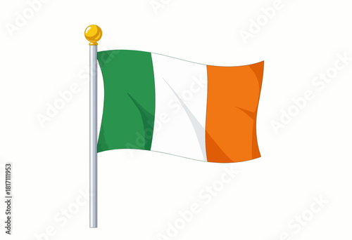 Illustration of a waving national flag featuring three vertical stripes in green, white, and orange on a pole with a gold finial on a white background.