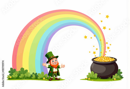 Cheerful Leprechaun Greeting Under a Vibrant Rainbow Arching Towards a Pot of Gold Surrounded by Lush Greenery on a Bright, Sunny Day