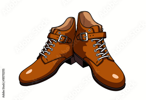 Illustration of Stylish Brown Leather Boots with Buckle and Lace Details Displaying Classic Footwear Design