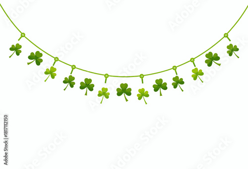 A decorative string of green four-leaf clovers evenly spaced and hanging on a plain white background, symbolizing good luck and Irish folklore traditions.
