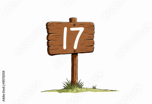Illustration of a Wooden Signpost Displaying the Number Seventeen Amidst Grass in a Simple Minimalistic Style