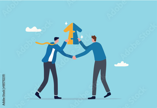 Joint venture business partnership agree to share resource and work together to achieve same goal, merge or acquisition, cooperation concept, businessman handshake connect growth arrow jigsaw puzzle.