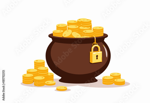 Large pot filled to the brim with gold coins, symbolizing wealth and security, with a golden padlock hanging from the side emphasizing financial safety and prosperity