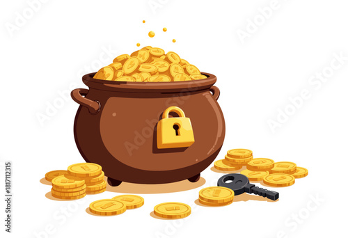 Illustration of a secure pot filled with gold coins and accompanied by a key, symbolizing wealth, security, and potential access in a financial concept