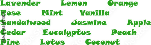 Popular natural fragrances, names in a beautiful font, text on a transparent background