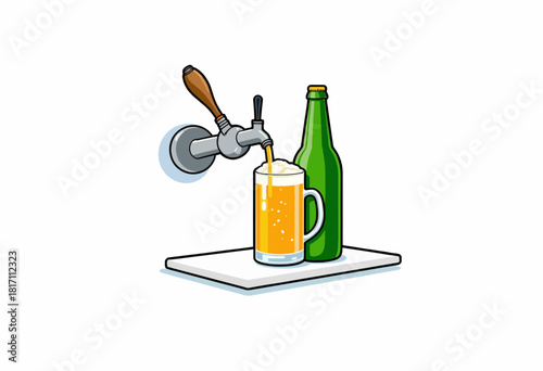 Illustration of Draft Beer Being Poured from a Tap into a Mug Next to a Bottle on a Bar Countertop