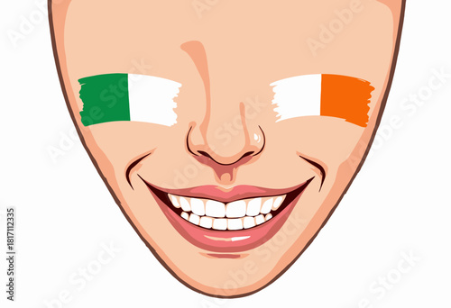 Illustrated Smiling Face with Irish Flag Colors on Cheeks Highlighting Irish Pride and Celebration