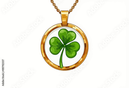 Gold Necklace Pendant Featuring a Vibrant Four-Leaf Clover Symbol Signifying Luck and Prosperity Against a Clean White Background