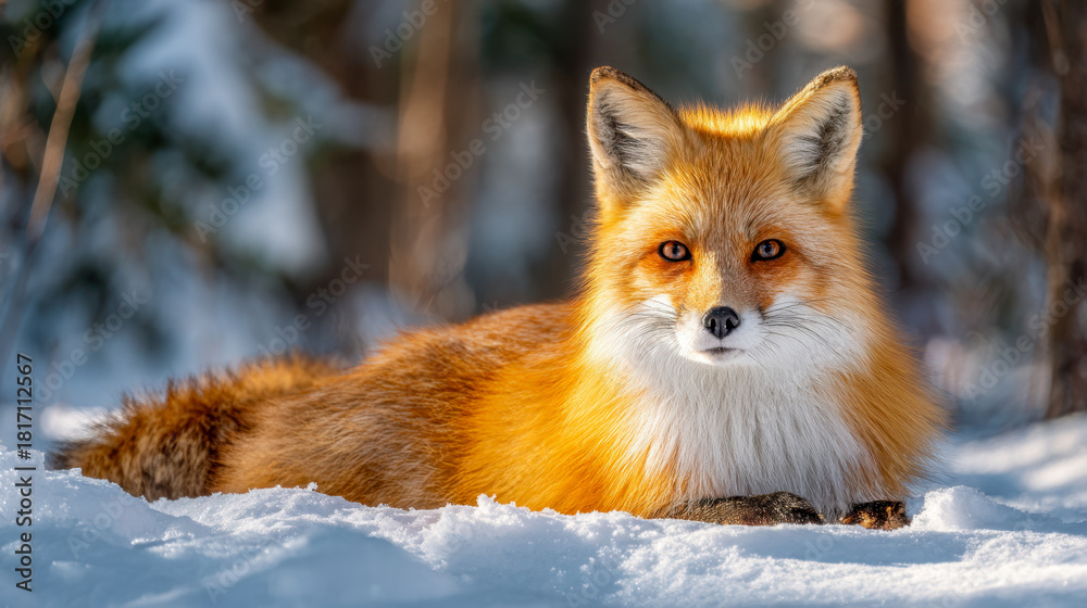 Obraz premium Stunning red fox resting calmly on snow in a winter forest with warm sunlight highlighting its vibrant fur and intense amber eyes in a serene natural setting
