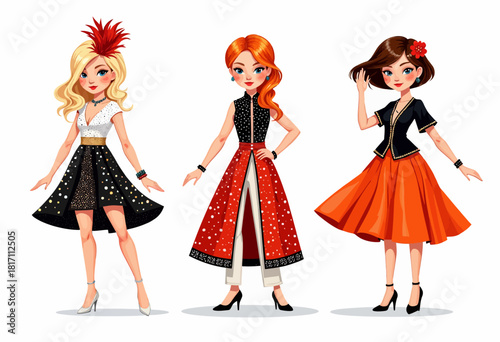 Elegant Fashion Models Display Trendy Black and Orange Dresses with Unique Hairstyles and Accessories on a White Background
