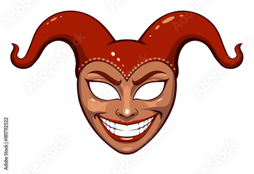 Mischievous Joker Mask with Horns and Exaggerated Smile on a White Background