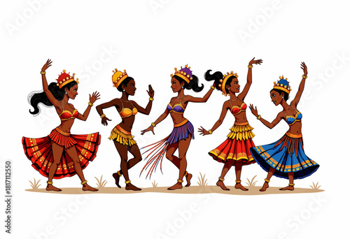 Vibrant Illustration of Five Animated Women in Traditional Dance Outfits Expressing Joy Through Dynamic Movement and Exotic Costume Detail