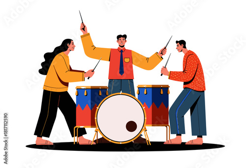 Illustration of Three Diverse Drummers Collaboratively Playing Vibrant Drums with Sticks in an Energetic and Celebratory Musical Performance