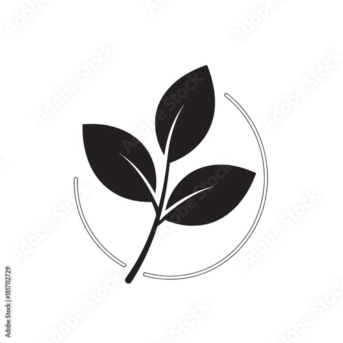 Minimalist black leaf branch icon enclosed in a circular frame for graphic design.