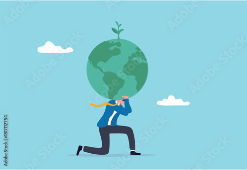 Climate change and global warming responsibility, world leader commitment to take care our planet earth concept, businessman in atlas pose carrying green globe with seedling plant on his shoulder. 