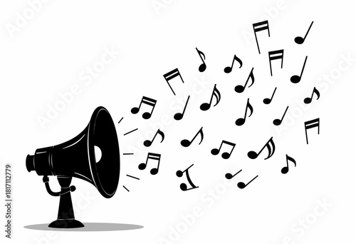 Black Megaphone Emitting a Flow of Music Notes in Various Directions Symbolizing Sound Amplification and Musical Expression
