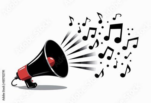 Illustration of a Loudspeaker Amplifying Creative Musical Notes Flowing Into the Air with Dynamic Energy and Artistic Expression