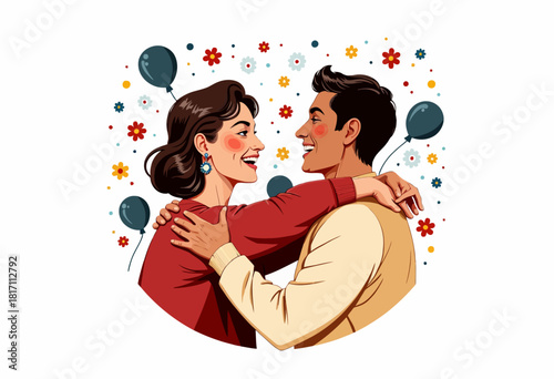 Illustration of a joyful couple embracing, surrounded by colorful balloons and flowers that convey a festive and cheerful atmosphere celebrating happiness and connection