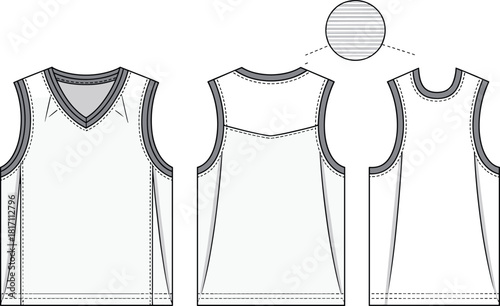 Vector technical sketch of men sleeveless basketball jersey front and back view fashion flat illustration for apparel design template and sports clothing uniform mockup.