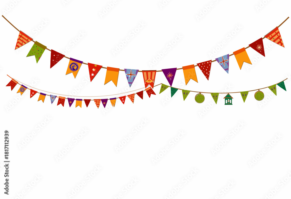 Obraz premium Colorful String of Decorative Handcrafted Buntings Displaying Various Patterns and Shapes Suitable for Festive Celebrations and Joyful Gatherings