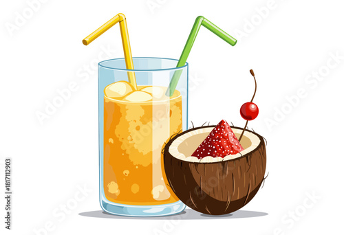 Refreshing tropical drink in a tall glass with ice cubes and colorful straws paired with a halved coconut filled with a juicy strawberry and cherry topping