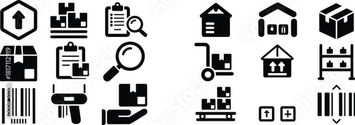 Warehouse shipping and inventory icons set showing boxes, barcodes, clipboard checklists, magnifying glass, storage racks, package handling, freight logistics and distribution vector illustration.