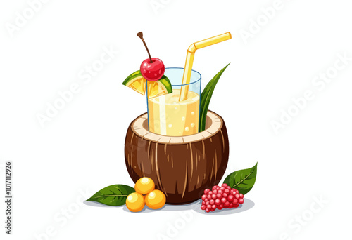 Refreshing tropical fruit cocktail in coconut shell with vibrant elements of citrus, cherry garnish, and lush leaves symbolizing exotic flavors and summer vibes