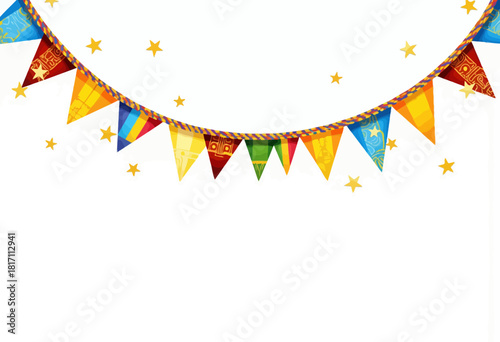 Vibrant String of Multicolored Festival Flags with Star Accents on a White Background - Celebratory Decor for Parties, Carnival, and Special Occasions