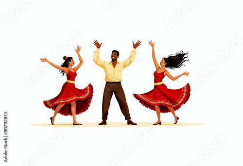 Energetic Dancers in Traditional Red Attire Express Joy with Graceful Movements Amidst Vibrant Celebration on a Bright, Inviting Stage Setting