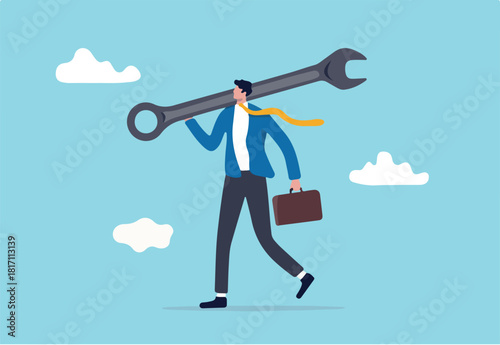 Fix business problem, help resolve problem, improve business in downturn or crisis management concept, smart businessman carrying big wrench metaphor of fixing problem.