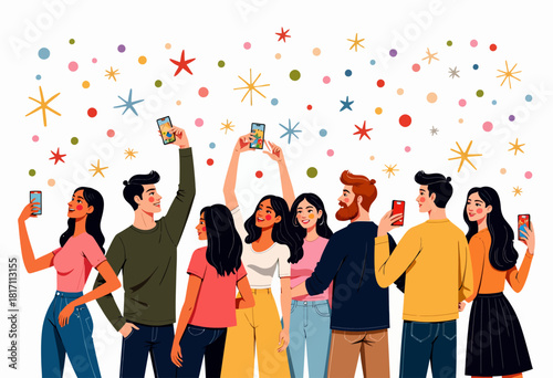 Diverse Group of Young People Celebrating with Smartphones and Capturing Moments Under Colorful Stars in a Festive Atmosphere
