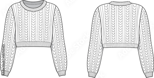 Cropped patterned knit sweater technical flat sketch showing front and back views with textured stitches, long sleeves, ribbed hem and cuffs, CAD vector illustration