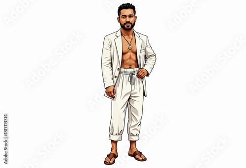 Illustration of Fashionable Man in Stylish White Suit with Open Jacket, Necklace, and Sandals Standing Against a Simple Background