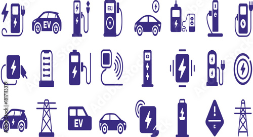 Electric vehicle charging icons set featuring EV cars, charging stations, power plugs, batteries, wireless chargers, energy towers, electricity symbols and sustainable