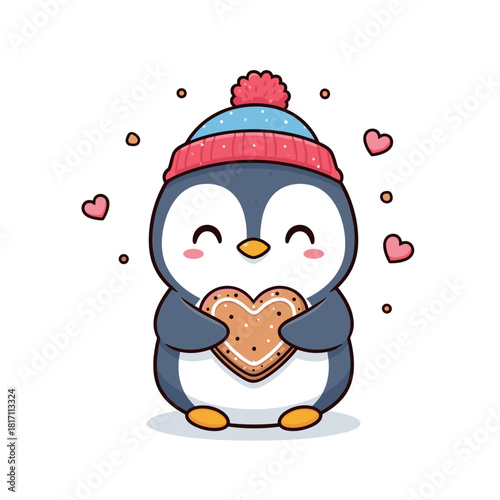 Cute penguin holding a heart-shaped cookie with a cheerful expression  