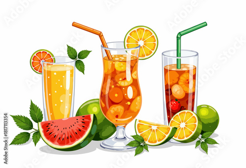 Refreshing Assorted Fruit Juices in Decorative Glasses with Vibrant Citrus and Melon Garnishes Evoking a Tropical and Invigorating Experience
