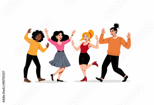 Vibrant group of diverse young adults joyfully dancing with expressive gestures in colorful attire on a simple white background, capturing movement and energy