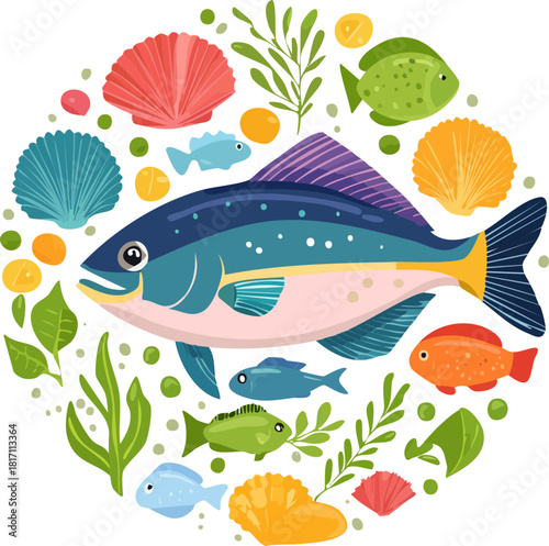 vector illustration of fish, balık seti, deniz canlıları ve balık seti 