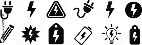 electricity symbols including lightning bolts power plugs high voltage signs batteries and light bulbs for energy industry graphic design projects.