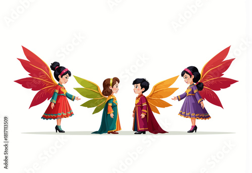 Colorful Fantasy Characters with Wings Engaged in Conversation Depicting a Whimsical Scene of Friendship and Imagination in Vibrant Attire Against a White Background