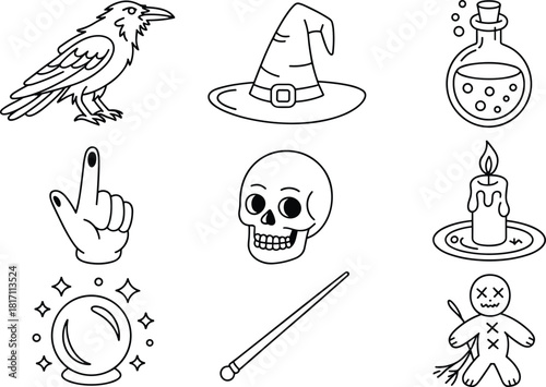Halloween witchcraft icons set featuring raven bird, witch hat, magic potion, skull, candle, crystal ball, wand and voodoo doll illustration.