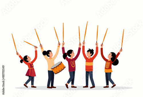 Joyful Group of Kids Enthusiastically Playing Percussion Instruments While Creating Rhythmic Energies in a Fun and Energetic Atmosphere