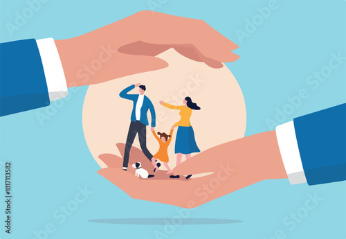 Family safety, life insurance or protection concept, lovely family holding hands, parent with daughter and cute little dog in helping hand palm with other hand cover above for shelter and protection