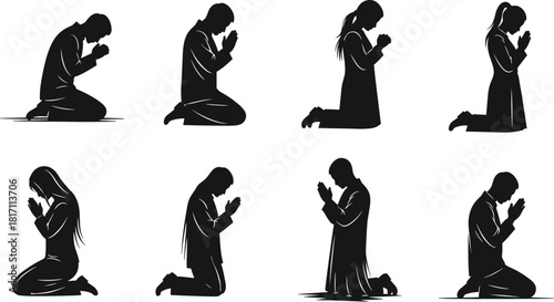 Kneeling prayer silhouette icons set featuring men and women praying on knees, devotion, worship, meditation, spiritual faith and religious illustration vector.