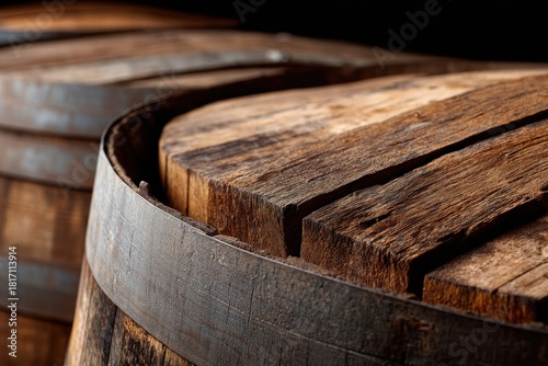 Wallpaper Mural Wood Barrel Close-up: a pair of wooden barrels sit, displaying exquisite textures and the story of time. Capturing the artistry of craftsmanship and the heritage of aged wood. Torontodigital.ca