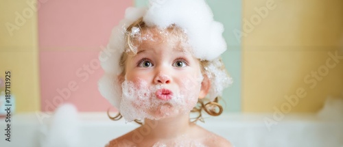 Child with soap foam in bathtub