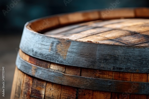 Wallpaper Mural Timeless Vessel: This close-up view of a weathered wooden barrel, showcasing the natural textures of wood and metal, evokes a sense of history and craftsmanship. The vessel appears aged and rich. Torontodigital.ca