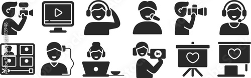 silhouette icons representing media production video conference cameraman photographer customer support and remote work communication symbols for digital graphic design projects.